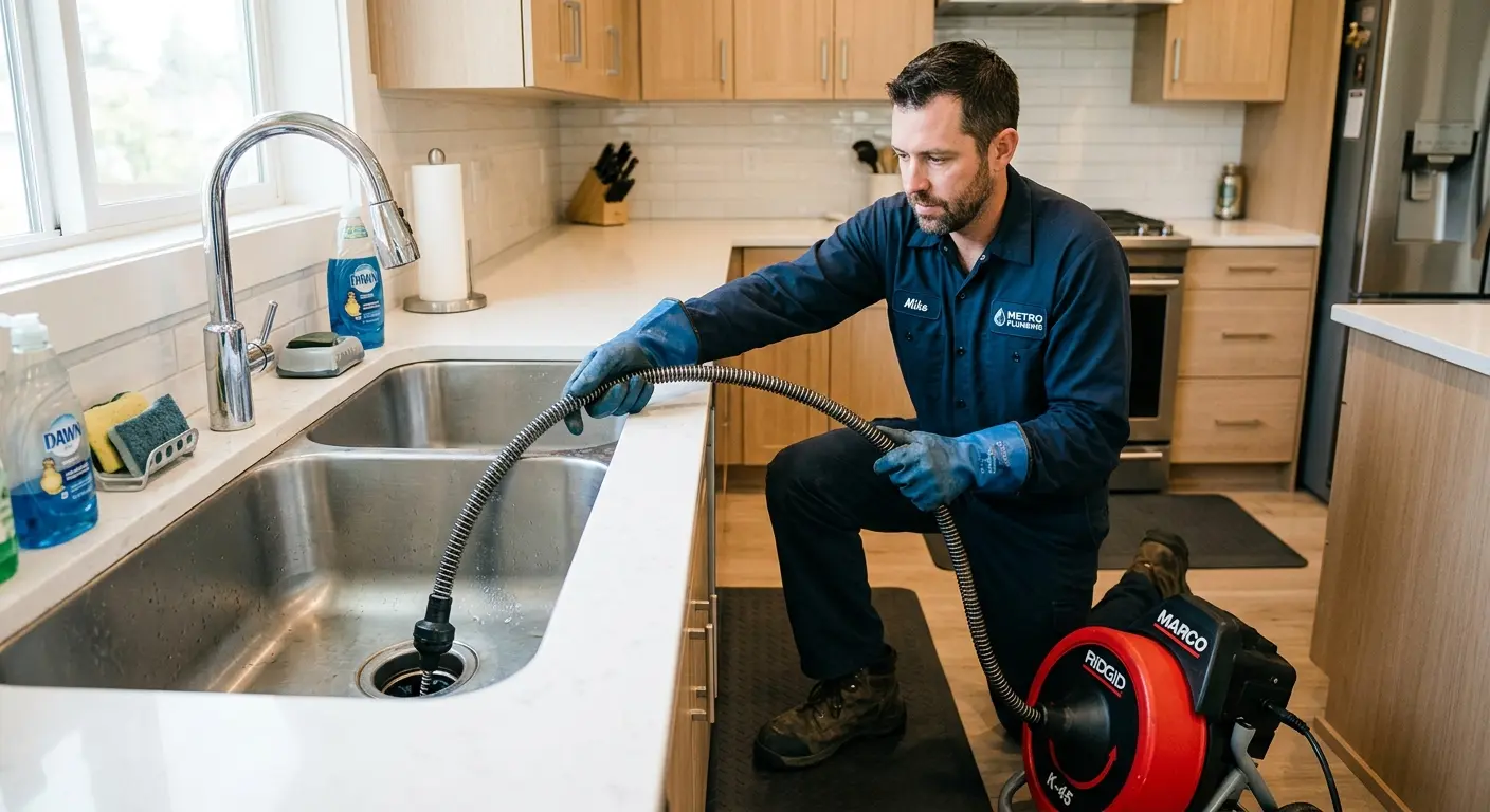 Drain cleaning technician using a motorized snake on a kitchen sink in Millington