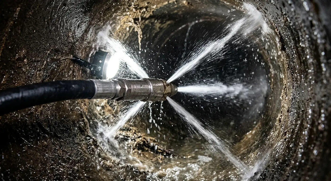 High-pressure hydro jetting nozzle cleaning sewer pipe for Sewer Cleanout in Millington