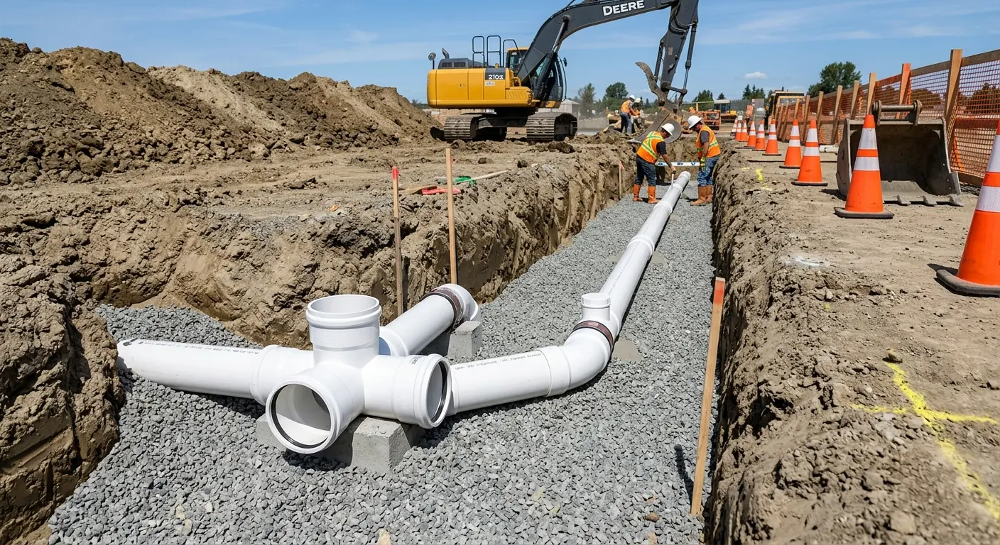 New PVC sewer pipe installation in open trench for Sewer Backup in Millington