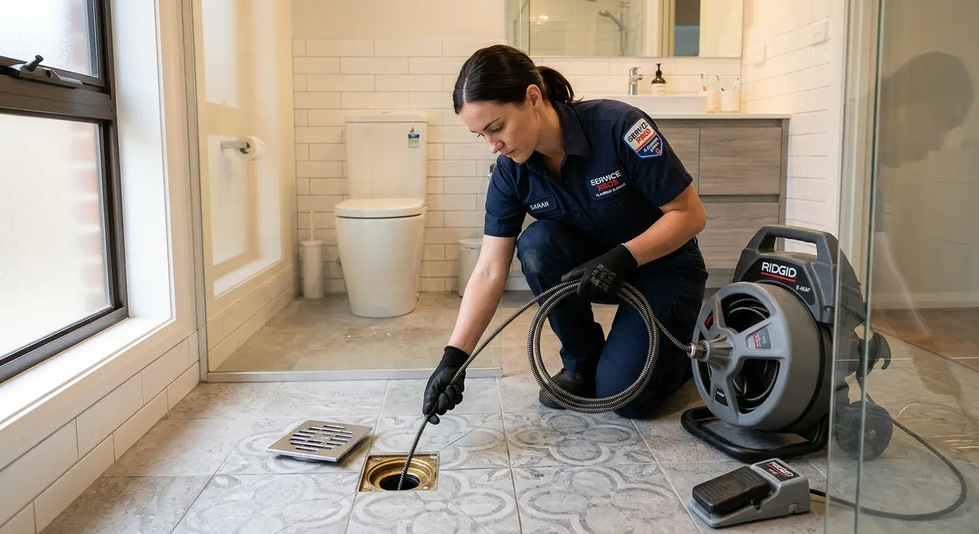 Technician clearing a bathroom floor drain for Sewer Line Replacement in Millington